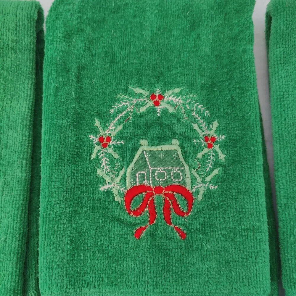 2 Cannon 1 Royal Terry Christmas Tree Wreath Candle Green Embroidered Towels VTG